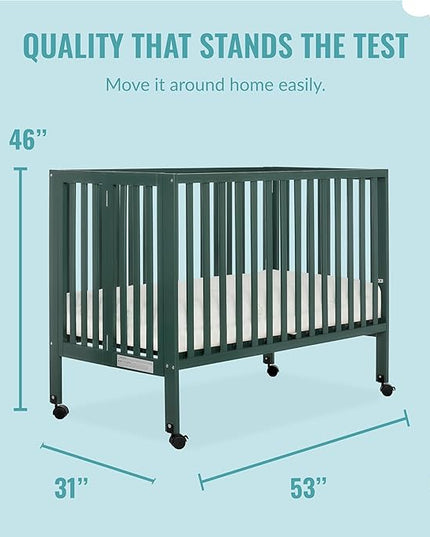 Quinn Full-Size Folding Crib in Olive, Removeable Wheels, Modern Nursey, Adjustable Mattress Support, Portable Crib, Patented Folding System - LeafyLoom