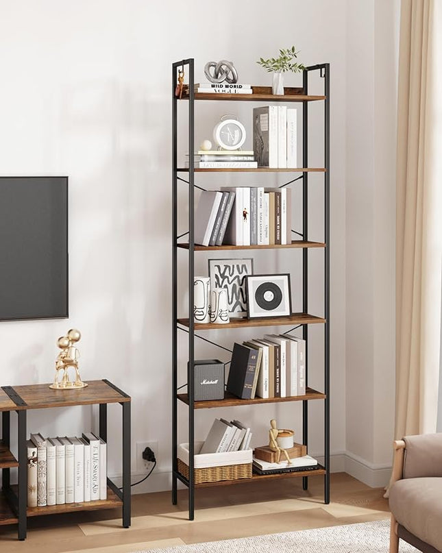 Bookshelf, Book Shelf, Industrial Bookcase with 2 Hooks, Coner Shelf Storage Organizer for Home Office, Living Room, Bedroom, Kitchen, 6-Tier Rustic Brown BC22701B - LeafyLoom