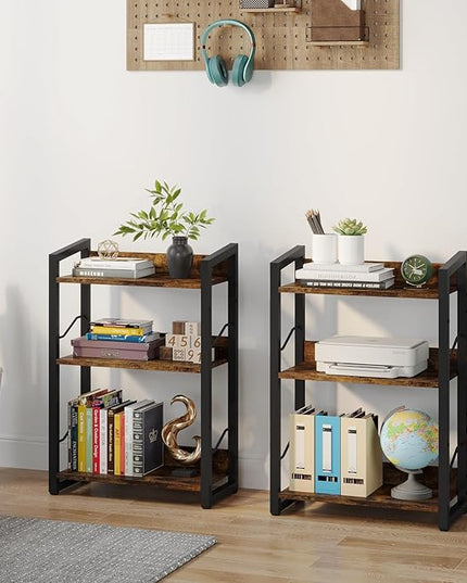 Book Shelf Small Bookshelf: 3-Tier Wood Bookcase Industrial Bookshelf with Edge Protection Metal Narrow Bookshelves Storage Organizer Display Rack for Bedroom Home Office (Rustic Brown) - LeafyLoom
