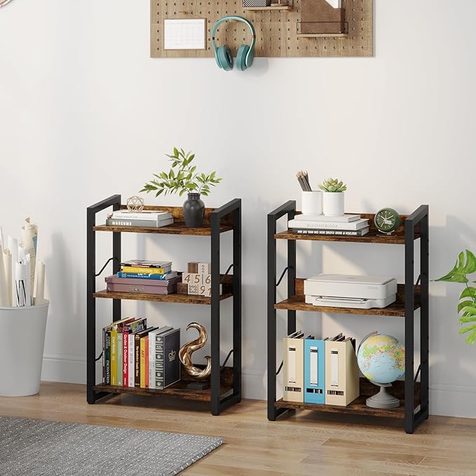 Book Shelf Small Bookshelf: 3-Tier Wood Bookcase Industrial Bookshelf with Edge Protection Metal Narrow Bookshelves Storage Organizer Display Rack for Bedroom Home Office (Rustic Brown) - LeafyLoom