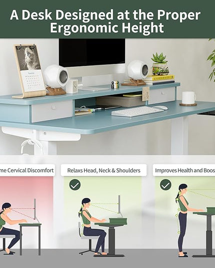 FEZIBO 55 x 24 Inch Height Adjustable Electric Standing Desk with Double Drawer, Stand Up Desk with Storage Shelf, Sit Stand Desk, Blue - LeafyLoom
