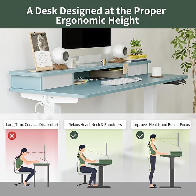 FEZIBO 55 x 24 Inch Height Adjustable Electric Standing Desk with Double Drawer, Stand Up Desk with Storage Shelf, Sit Stand Desk, Blue - LeafyLoom