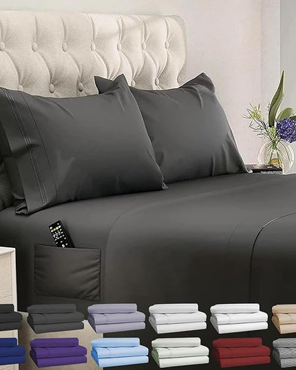 DREAMCARE Full Size Sheets - Cooling Bed Sheets - 4pcs Set - up to 15" Deep Pocket Full Sheet Set - Sheets Full Size Bed - Soft & Long Lasting 100% Fine Brushed Polyester with Side Pocket - Gray - LeafyLoom