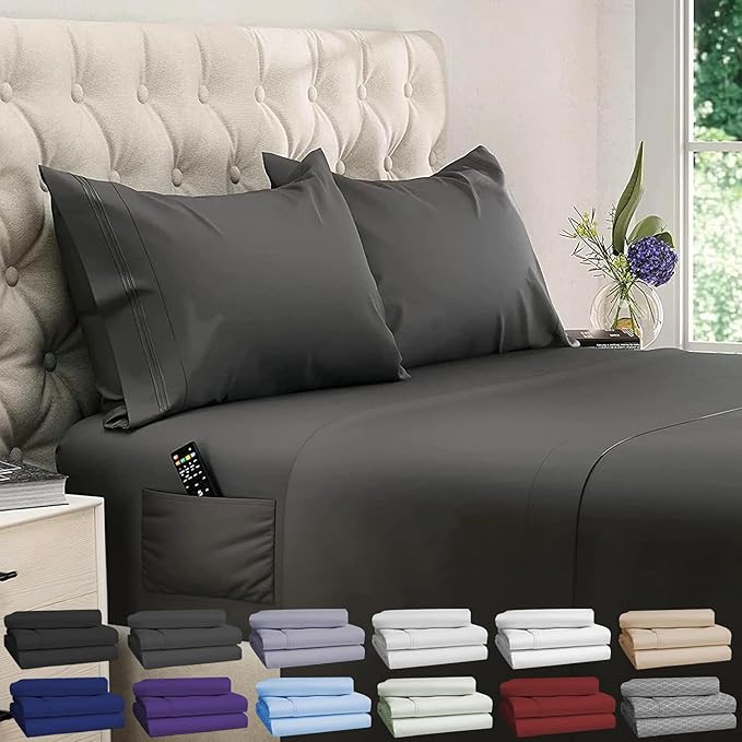DREAMCARE Twin XL Sheet Sets - Cooling Bed Sheets - 4pcs Set - up to 15" Deep Pocket Twin XL Sheets - XL Twin Sheet Set – Soft & Long Lasting 100% Fine Brushed Polyester with Side Pocket - Gray - LeafyLoom