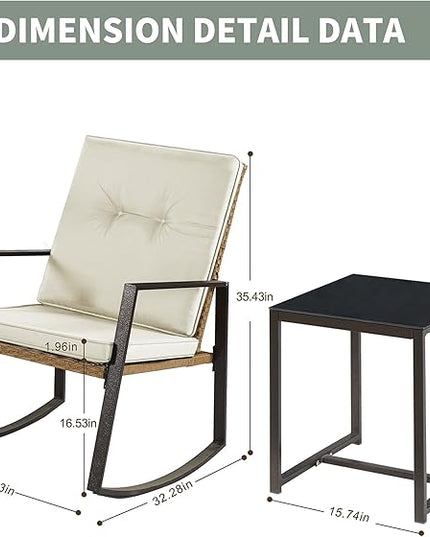 3 Pieces Rocking Bistro Set Outdoor Wicker Patio Furniture Conversation Coffee Table,Washable Cushion for Porch,balcony,Garden,Backyard,Poolside(Beige) - LeafyLoom