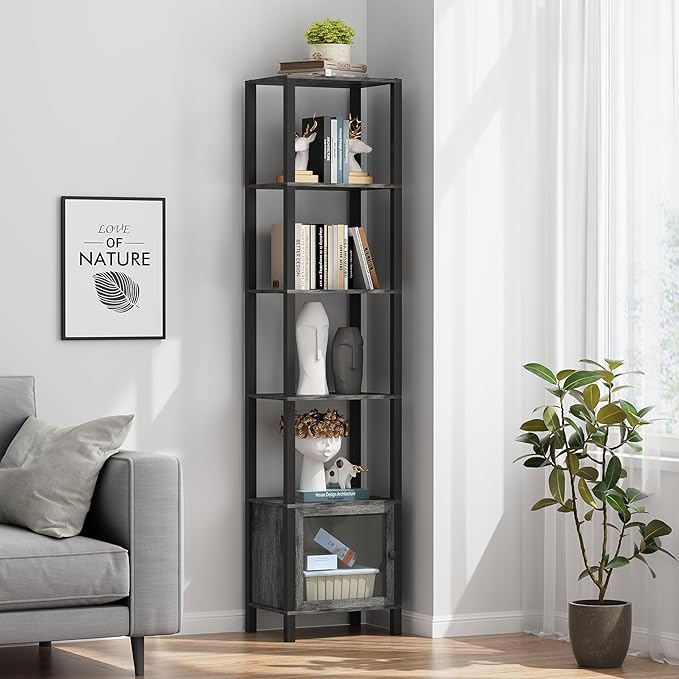 TUTOTAK 6 Tier Bookcase and Bookshelf, Narrow Book shelf with Door for Small Space, for Living Room, Office, Study, Entryway, Charcoal Grey BS03BY006 - LeafyLoom