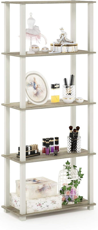Furinno Turn-N-Tube 5-Tier Multipurpose Shelf / Display Rack / Storage Shelf / Bookshelf, Square Tubes, Sonoma Oak/White - LeafyLoom