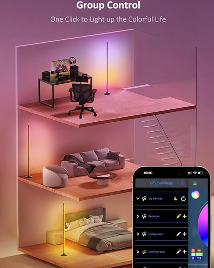 65" LED Corner Floor Lamp：Uocub 16 Million DIY Colors & 68+ Scene RGB Smart Modern Floor Lamp with Timing, Music Sync, App and Remote Control Standing Lamp for Living Room (Black) - LeafyLoom