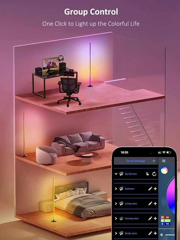 65" LED Corner Floor Lamp：Uocub 16 Million DIY Colors & 68+ Scene RGB Smart Modern Floor Lamp with Timing, Music Sync, App and Remote Control Standing Lamp for Living Room (Black) - LeafyLoom
