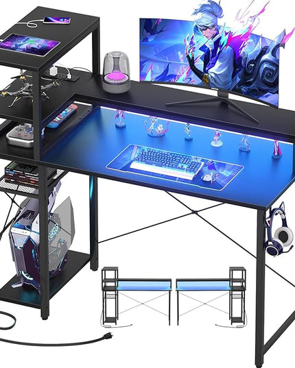 Small Gaming Desk with Storage, 39" Computer Desk with LED Lights, Home Office Desk with Adjustable Shelves & Power Outlets, Gaming Computer Desk with Monitor Stand for Small Spaces, Black - LeafyLoom