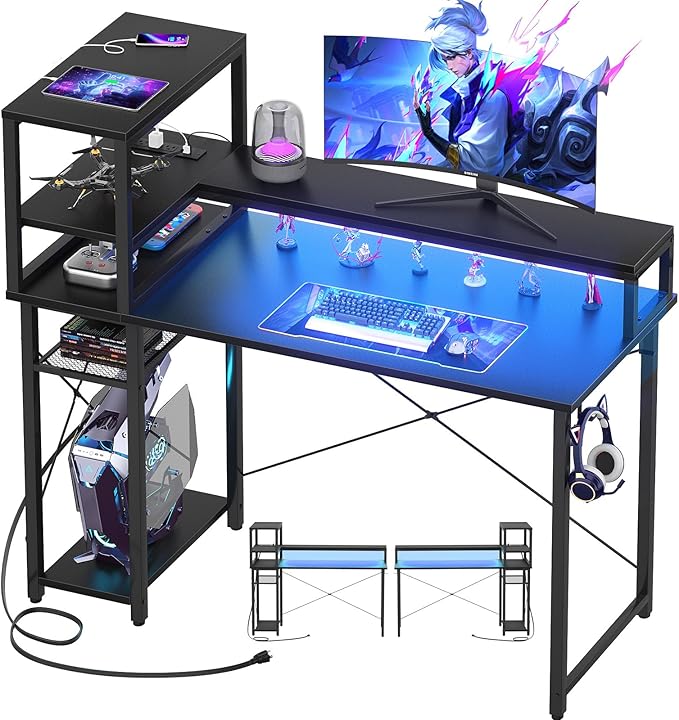 Small Gaming Desk with Storage, 39" Computer Desk with LED Lights, Home Office Desk with Adjustable Shelves & Power Outlets, Gaming Computer Desk with Monitor Stand for Small Spaces, Black - LeafyLoom