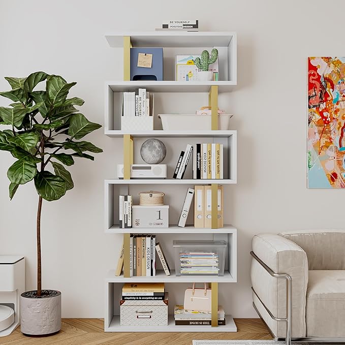 Bookshelf geometric bookcase S Shaped industrial bookshelf Storage Display Stand Shelf for Living Room Bedroom and office Room (White, 6 Tier) - LeafyLoom