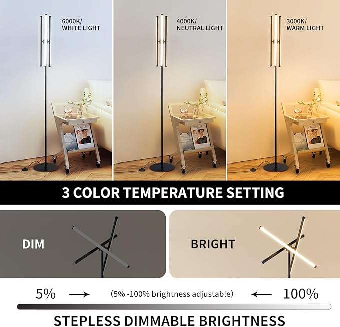 Ganeed LED Floor Lamp,Modern Tall Standing Lamps with 3 Lights,30W 3 Color Temperature & Stepless Dimmable Brightness with Remote,66.5 in Corner Lamp for Living Room, Office, Hotel, Bedroom - LeafyLoom