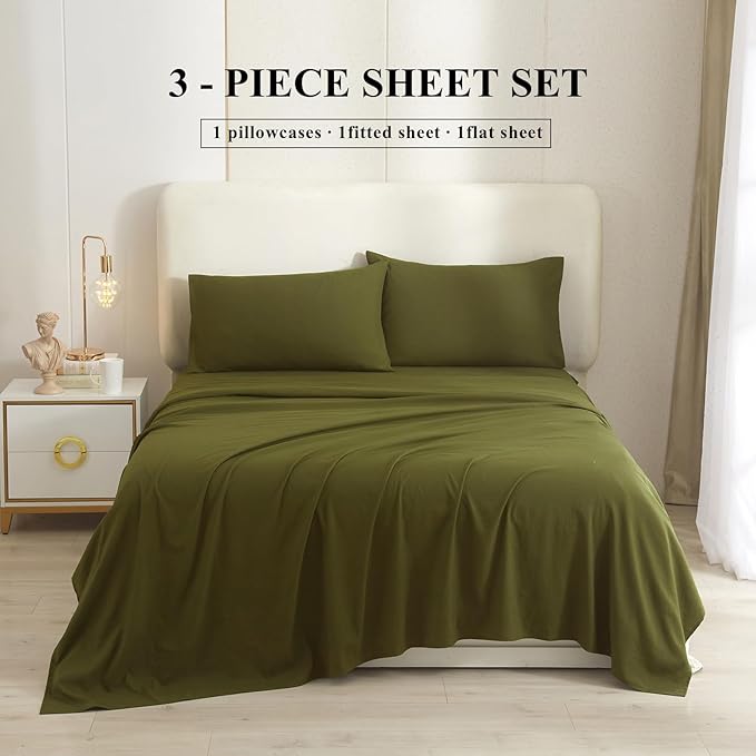 Olive Green Twin Sheets Set 3 Piece Cooling Bed Sheets,Hotel Luxury Fitted Sheet Set for Twin Size Bed,Super Soft Sheet Deep Pocket 16 Inch,Wrinkle & Shrink Resistant,Twin Sheets,Green Bed Sheets - LeafyLoom