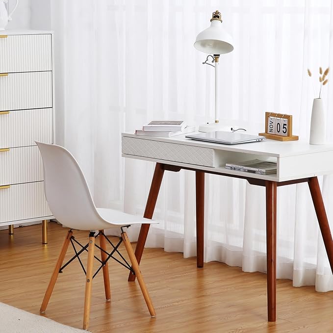 GAOMON Modern Home Office Writing Desk, 42 Inch Computer Table Desk with Drawers, Simple Mid Century Modern Desk, White - LeafyLoom