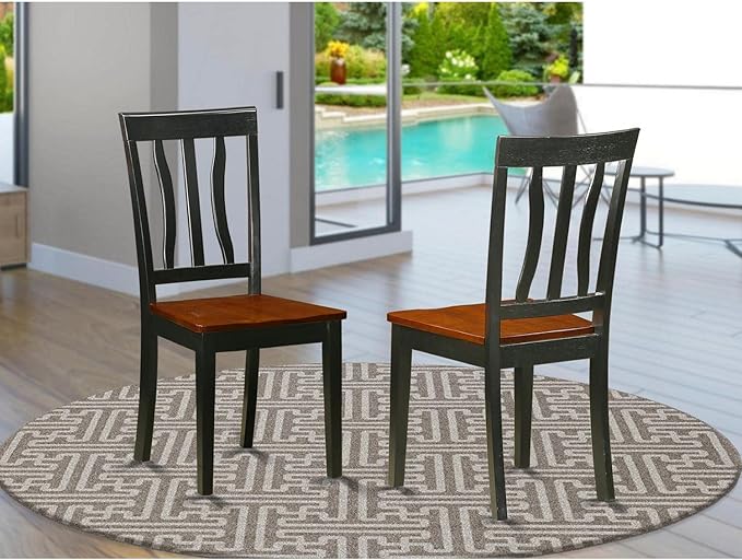 East West Furniture Antique Kitchen Dining Slat Back Wooden Seat Chairs, Set of 2, ANC-BLK-W - LeafyLoom
