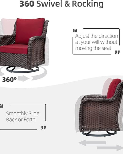 IDEALHOUSE 3 Pieces Outdoor Wicker Swivel Rocker Patio Set, 360-Degree Swivel Rocking Chair Elegant Wicker Patio Bistro Set with Tempered Glass Top Side Table (Rust Color) - LeafyLoom