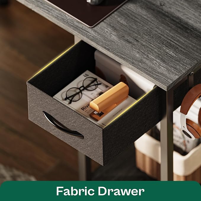 L Shaped Desk Computer Desk with LED Lights & Power Outlets, Gaming Desk with Storage Shelves, Corner Desk Home Office Desks for Bedroom, Grey - LeafyLoom