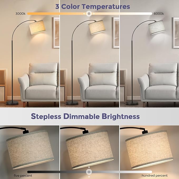 Arc Floor Lamps with Remote Control and Stepless Dimmable Color Temperature and Brightness Standing Lamp with Adjustable Beige Hanging Shade Pole Lamp for Bedroom Office, 9W Bulb Included, Black - LeafyLoom