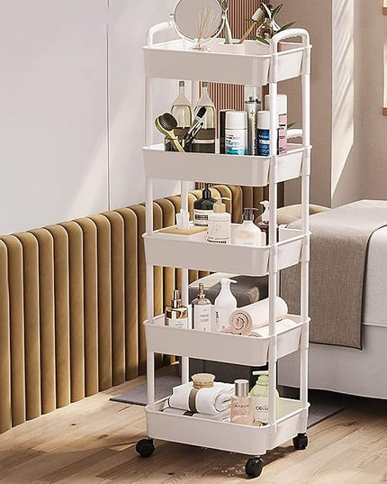 5-Tier Rolling Cart, Multipurpose Utility Cart, Rolling Carts with Lockable Wheels, Storage Cart Craft Cart Organizer for Bathroom Laundry Kitchen,Used as book art snack lash makeup diaper cart,Black - LeafyLoom