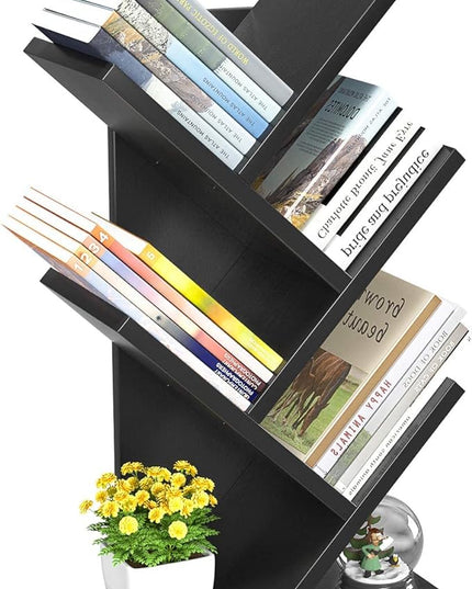 Topfurny Tree Bookshelf, 4-Tier Book Storage Organizer Shelves Floor Standing Bookcase, Wood Storage Rack for Office Home School Shelf Display for Cd/Magazine/Book -Black - LeafyLoom