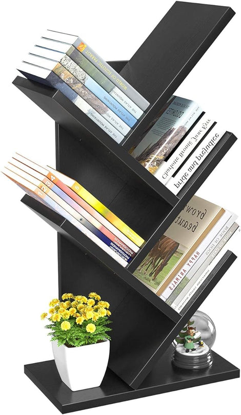 Topfurny Tree Bookshelf, 4-Tier Book Storage Organizer Shelves Floor Standing Bookcase, Wood Storage Rack for Office Home School Shelf Display for Cd/Magazine/Book -Black - LeafyLoom