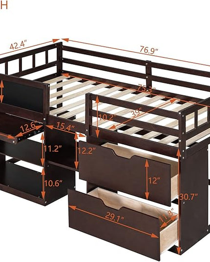 Loft Bed Frame, Twin Size Low Loft Bed with Small Rolling Desk, Chalkboard, 2 Shelves and 2 Storage Drawers for Kids Boys Girls Teens Bedroom, Space Saving Design, Espresso - LeafyLoom
