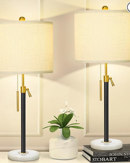 Black and Gold Table Lamps Set of 2: 22" to 30" Height Adjustable Nightstand Lamps with White Linen Shade | Pull Chain Switch | Marble Base - 3 Way Dimmable Beside Lamp for Bedrooms Living Room - LeafyLoom