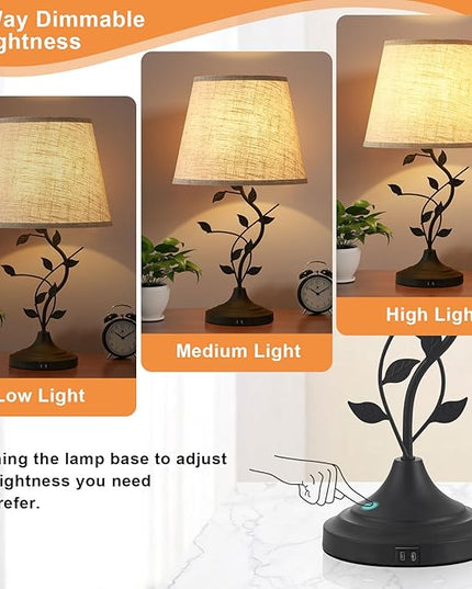 Kakanuo USB Touch Table Lamp Bedside Lamp with USB C Charging Ports for Living Room, Beige 3 Way Dimmable Traditional Nightstand Lamp Retro Table Lamp for Bedroom and Office (LED Bulb Included) - LeafyLoom