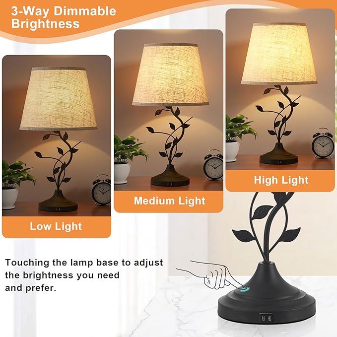Kakanuo USB Touch Table Lamp Bedside Lamp with USB C Charging Ports for Living Room, Beige 3 Way Dimmable Traditional Nightstand Lamp Retro Table Lamp for Bedroom and Office (LED Bulb Included) - LeafyLoom