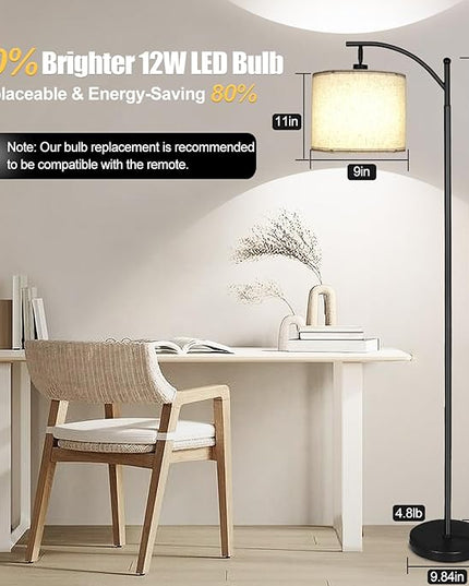 2024 LED Floor Lamps for Living Room, 12W 1200LM Modern Arc Floor Lamp with Remote & Adjustable Linen Lampshade, 12 Color Temperature Stepless Dimmable Tall Standing Lamp for Bedroom Office Reading - LeafyLoom