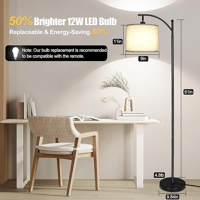 2024 LED Floor Lamps for Living Room, 12W 1200LM Modern Arc Floor Lamp with Remote & Adjustable Linen Lampshade, 12 Color Temperature Stepless Dimmable Tall Standing Lamp for Bedroom Office Reading - LeafyLoom