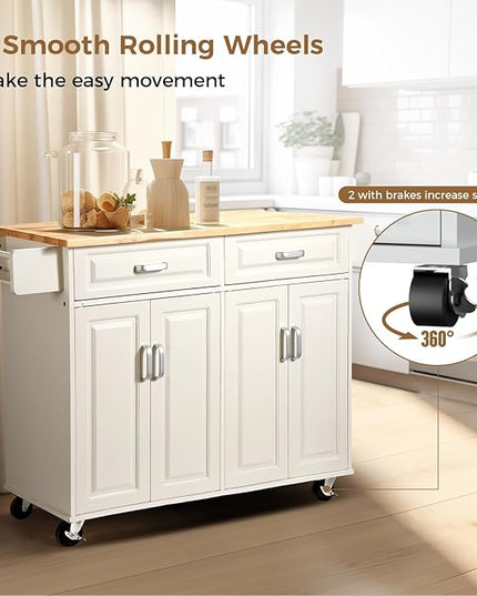 54“ Large Kitchen Island with Storage, Kitchen Cart on Wheels with 2 Large Drawers, Adjustable Shelf Inside Cabinet, Spice Rack & Towel Rack, Simple Design Rolling Island Table for Kitchen - LeafyLoom