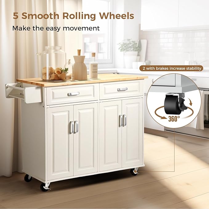 54“ Large Kitchen Island with Storage, Kitchen Cart on Wheels with 2 Large Drawers, Adjustable Shelf Inside Cabinet, Spice Rack & Towel Rack, Simple Design Rolling Island Table for Kitchen - LeafyLoom