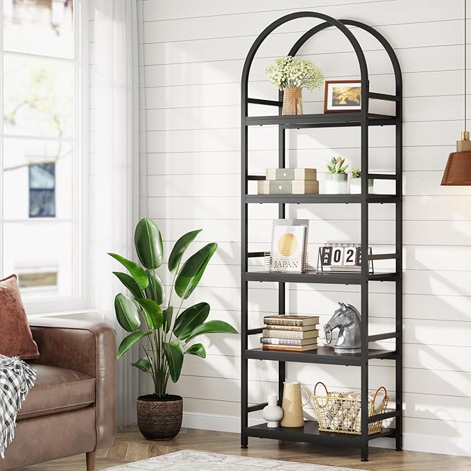 Tribesigns 5-Tier Open Bookshelf, 74.4" Wood Bookcase Storage Shelves with Metal Frame, Freestanding Display Rack Tall Shelving Unit for Office, Bedroom, Living Room, Easy Assembly(Black, 1PC) - LeafyLoom
