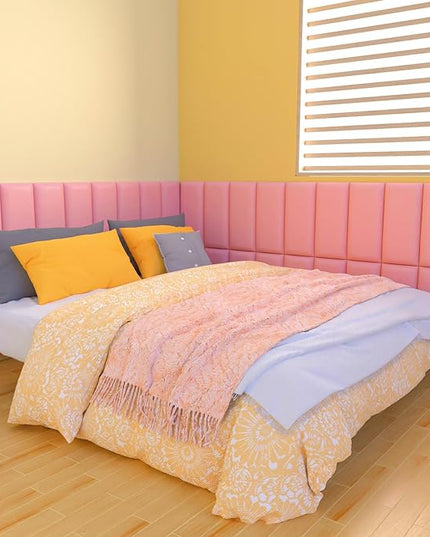 Peel and Stick Headboard Pink Upholstered Wall Panels, 6 Panels Sized 7.8" x 15.7", 3D Anti-Collision Soundproof Self-Adhesive Wall Panel for Bedroom，Living Room - LeafyLoom