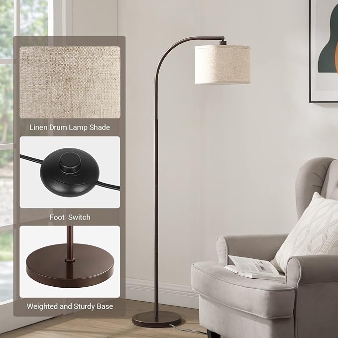DEWENWILS Modern Arc Floor Lamp, Corner Lamp for Living Room, Minimalist Standing Tall Arched Light with Adjustable Line Lampshade, Bedroom, Home Office, Simple Design Farmhouse Style (Bronze) - LeafyLoom