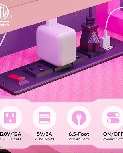 Bestier 71.5 inch Gaming Desk with Power Outlet, Large LED Computer Desk with Monitor Stand, L Shaped Desk with Storage Shelf, Cup Holder & Headset Hooks, Corner Gamer Desk for Bedroom Pink - LeafyLoom