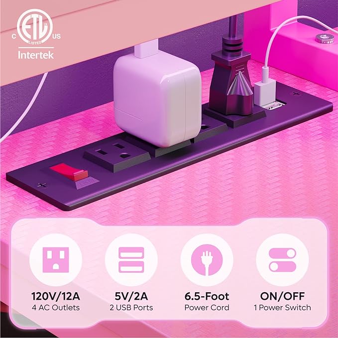 Bestier 71.5 inch Gaming Desk with Power Outlet, Large LED Computer Desk with Monitor Stand, L Shaped Desk with Storage Shelf, Cup Holder & Headset Hooks, Corner Gamer Desk for Bedroom Pink - LeafyLoom