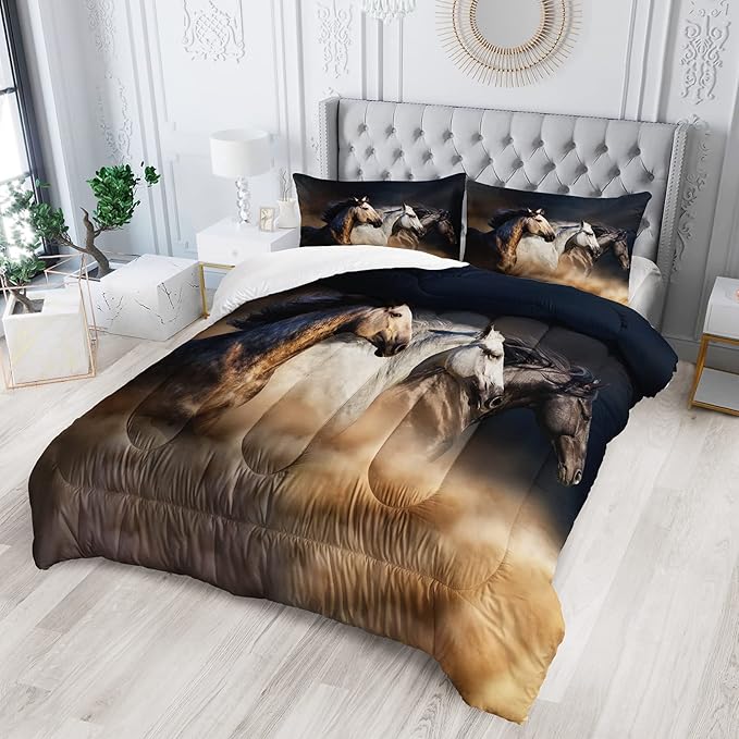 Horse Comforter King Size,Galloping Horse Comforter Set for Kids Teens Girls Boys,3Pcs Bedding Set Printed Comforter with 2 Pillowcases,Soft and Lightweight，King Size - LeafyLoom