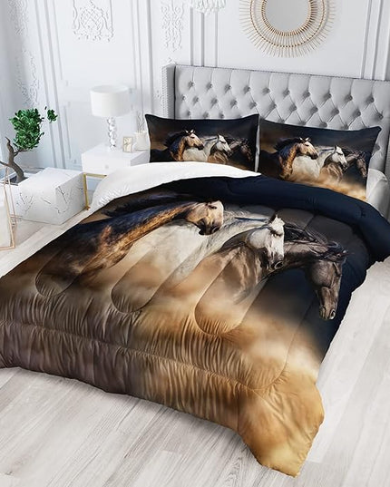 Horse Comforter Full Size,Galloping Horse Comforter Set for Kids Teens Girls Boys,3Pcs Bedding Set Printed Comforter with 2 Pillowcases,Soft and Lightweight，Full Size - LeafyLoom