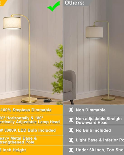 Boncoo LED Floor Lamp Fully Dimmable Modern Standing Lamp Arc Floor Lamp with Adjustable Drum Shade, Gold Tall Pole Reading Lamp Corner Light for Living Room Bedroom Study Room, Bulb Included - LeafyLoom