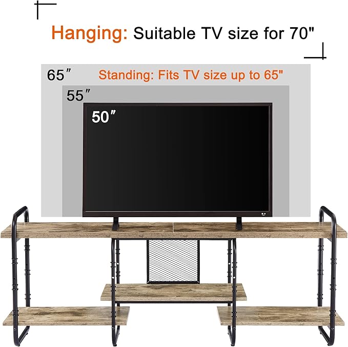 VECELO, Entertainment Center/Media Console Table with Adjustable Storage Shelves for Living Room/Bedroom, 65 inch TV Stand, Grey - LeafyLoom