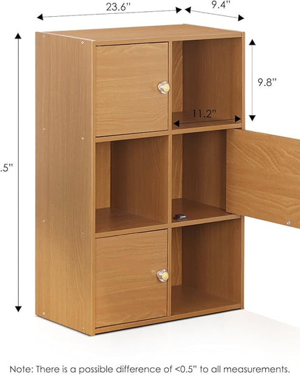 Furinno Pasir 3-Tier Shelf with 3 Door/Round Handle, Light Cherry - LeafyLoom