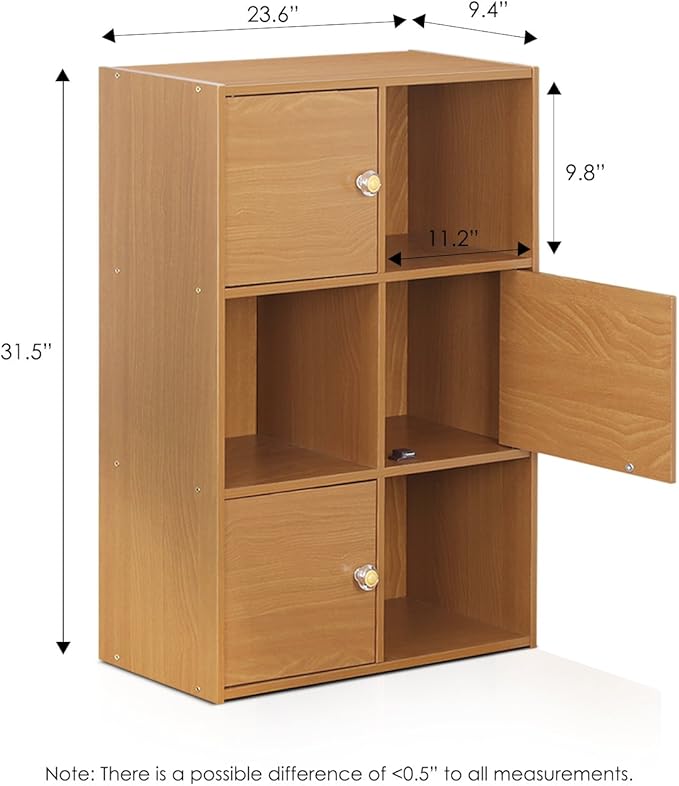 Furinno Pasir 3-Tier Shelf with 3 Door/Round Handle, Light Cherry - LeafyLoom