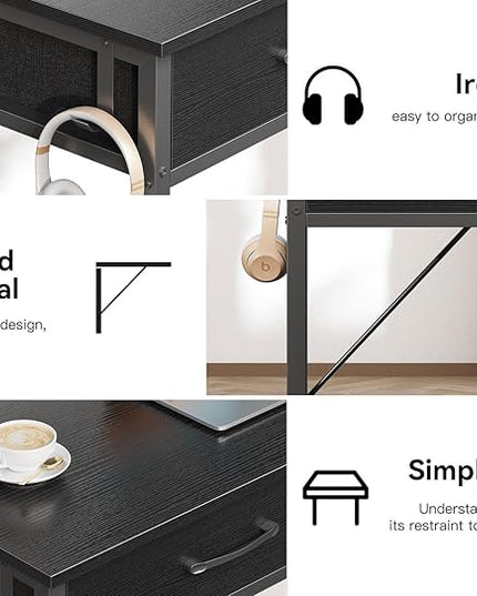 ODK 40 Inch Small Desk with Fabric Drawers- for Bedroom, Black Study Desk with Storage, Home Office Computer Desk for Small Spaces, Modern Work Writing Kids Table, Black - LeafyLoom