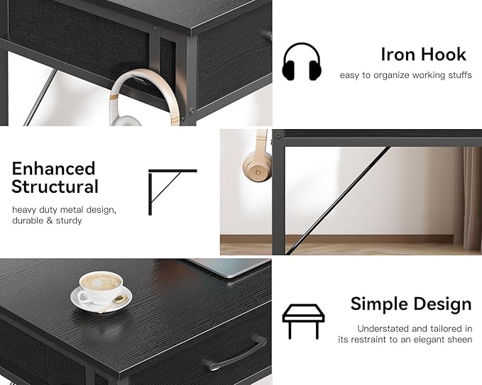 ODK 40 Inch Small Desk with Fabric Drawers- for Bedroom, Black Study Desk with Storage, Home Office Computer Desk for Small Spaces, Modern Work Writing Kids Table, Black - LeafyLoom