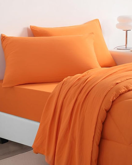 NTBAY Twin Comforter Set with Sheets, 5 Pieces Soft and Breathable Twin Bedding Set, Twin Bed in a Bag, Down Alternative Comforter Set Solid Color All Season, Kids Bedding Set, Orange - LeafyLoom