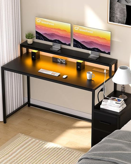 GreenForest Small Desk for Bedroom, 39.4 inch Computer Desk with 2 Drawers, Gaming Desk with LED Light and Power Outlet, Reversible Office Desk with Monitor Stand, Desk for Small Spaces, Black - LeafyLoom