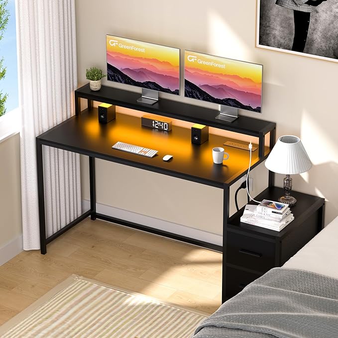 GreenForest Small Desk for Bedroom, 39.4 inch Computer Desk with 2 Drawers, Gaming Desk with LED Light and Power Outlet, Reversible Office Desk with Monitor Stand, Desk for Small Spaces, Black - LeafyLoom